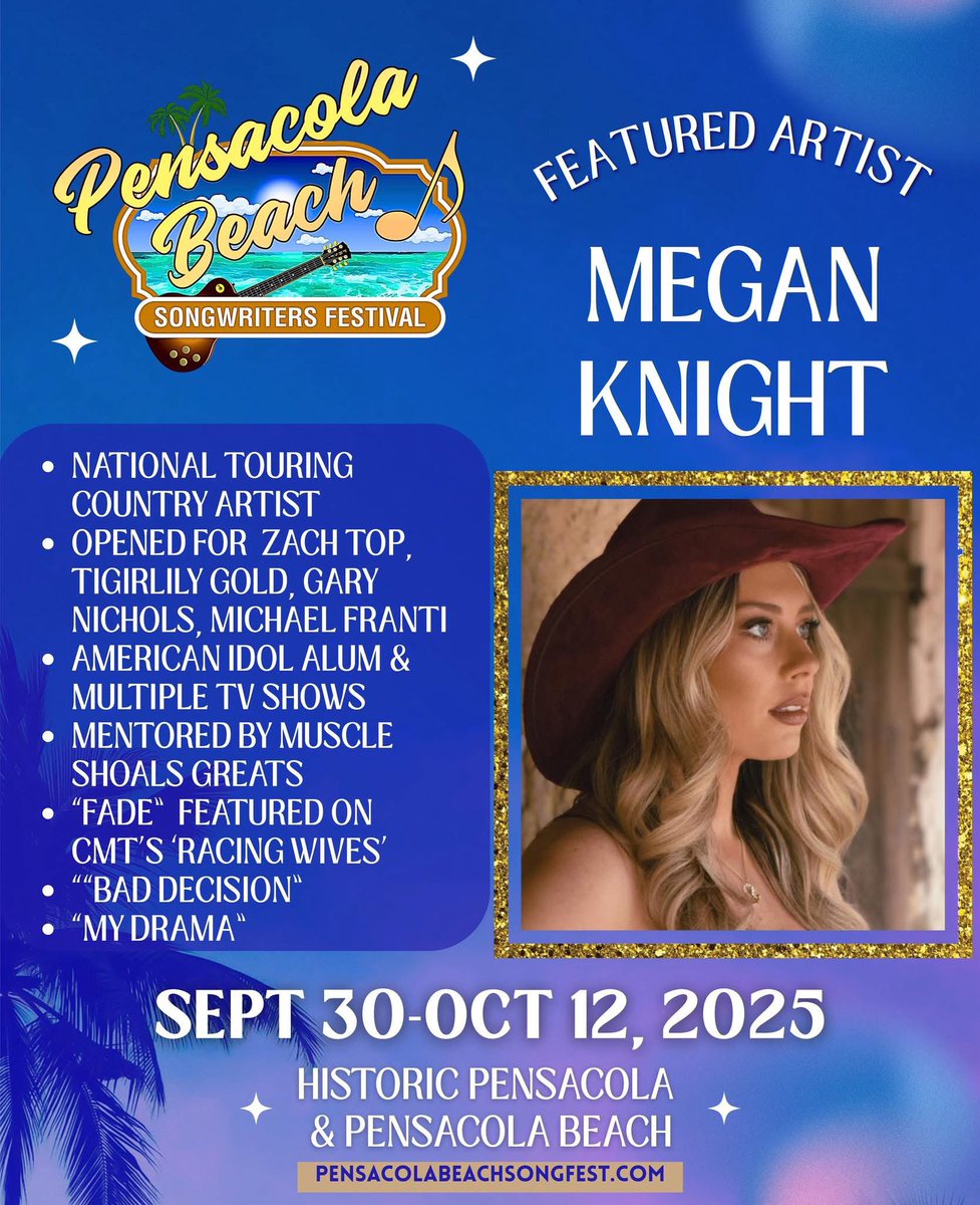 Megan Knight (@meganknight20) on Twitter photo Pensacola Songwriters Festival is September 30 - Oct 12, 2025 and features 130 songwriters from across the globe in a variety of venues. Most shows are free to the public. Make your plans now to attend!  ๐๐ถ๐ด So stoked to be Florida bound!!! Pensacola Songwriters Festival is September 30 - Oct 12, 2025 and features 130 songwriters from across the globe in a variety of venues. Most shows are free to the public. Make your plans now to attend!  ๐๐ถ๐ด So stoked to be Florida bound!!!