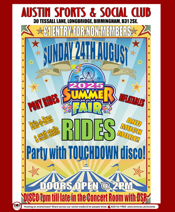B31Voices's tweet image. #SWBrumEVENTS – Summer Fair ☀️
INFO: 👉👉 bvoices.uk/40TTjF4

📅 Sun 24 Aug
🕖 2pm - 11:30pm
📍 Austin Sports &amp;amp; Social Club - #Longbridge
👤 All welcome
ℹ️ Rides, Stalls, Inflatables, Disco &amp;amp; more!

-

#B31VoicesSupportingLocal

#FamilyEvents
#Birmingham