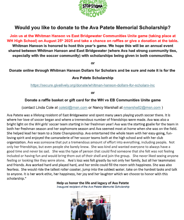 EBathletics's tweet photo. ⚽ Help us honor Ava Patete 💛

Join us 8/25 @ WH High 
“Communities Unite” Scrimmage!  6:00pm
🎟️Raffles
🎗️ Ava Patete Memorial Scholarship donations
💻 Donate online: https://t.co/Oog4j1sJck (Note: Ava Patete)
Let’s keep her light alive. 💙 #ForAva #WHvsEB #AvaPateteScholarship https://t.co/gjZnbWrUFw