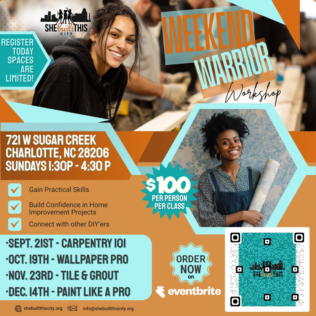 DIY dreamers, it’s your time to nail it! 🛠️ First up: Carpentry 101 on Sept. 21 — then wallpaper, tile &amp; grout, and painting like a pro. 🎨 Spots are limited, register now! 👉 eventbrite.com/cc/weekend-war…