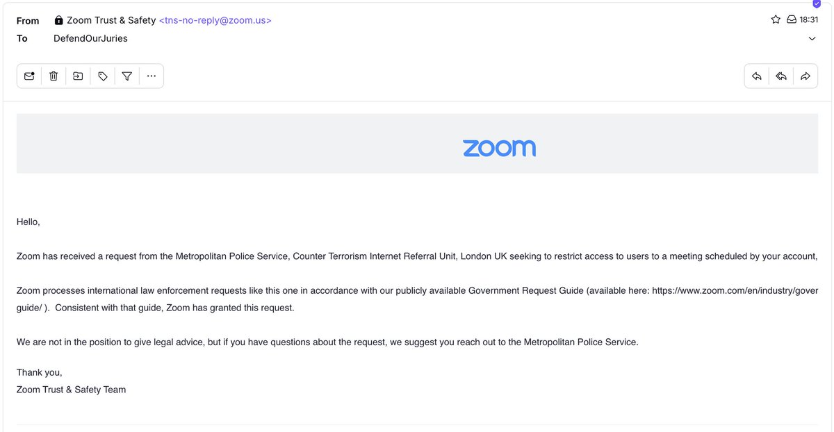 BREAKING: Zoom took down our briefing call for the September 6th mass action TWICE tonight, after counter-terrorism police requested they do so.

The state are scared, but we're not. 

We will continue to mobilise for at least 1000 people to join the next protest to lift the ban.