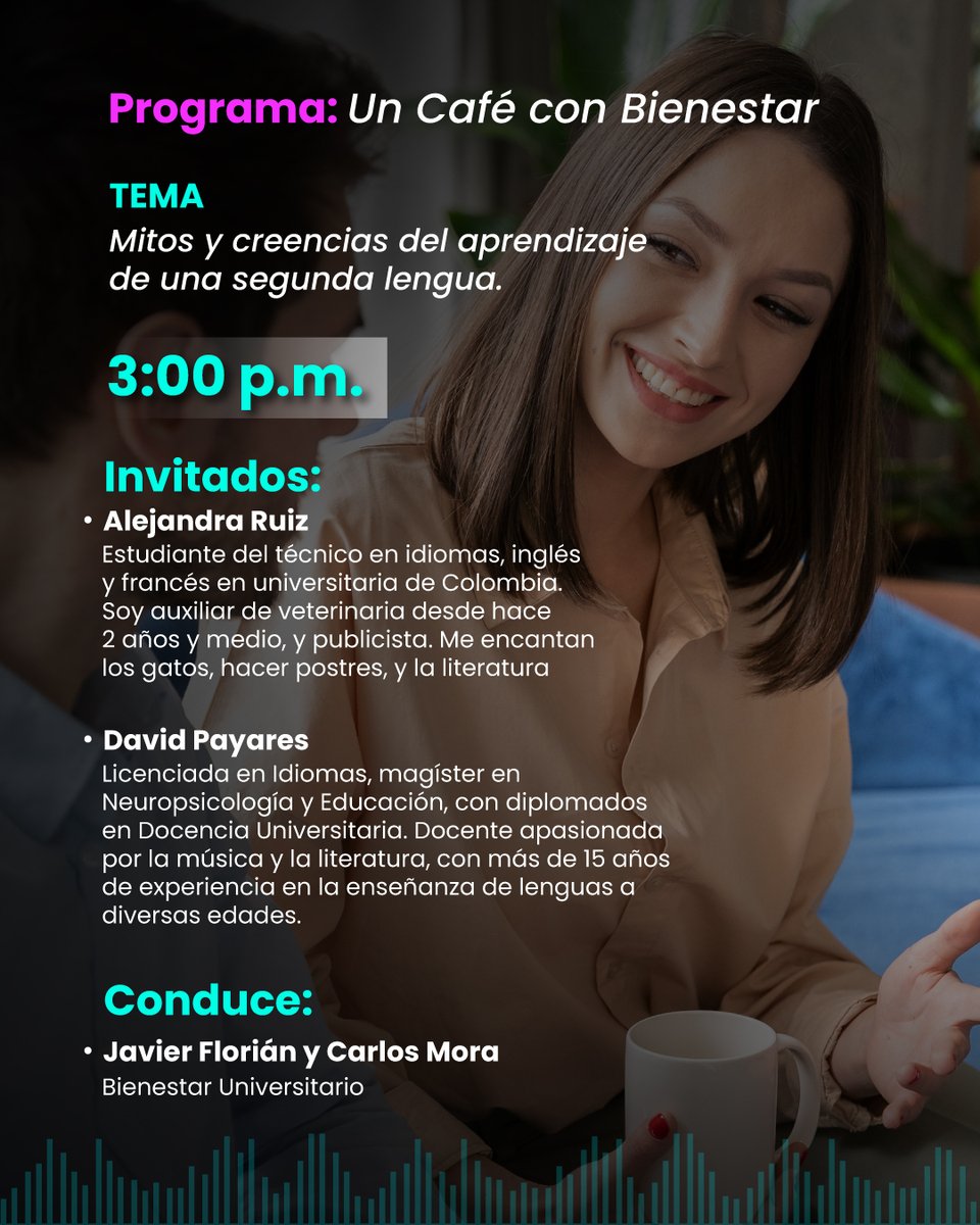 Universitariad4's tweet image. 🎙️ Hoy 21 de agosto en #RadioIUDC:

🐾 1:15 p.m. | Frecuencia Prohibida
“La nueva justicia para los animales”
☕ 3:00 p.m. | Un Café con Bienestar
“Mitos y creencias del aprendizaje de una segunda lengua”
📲 En vivo por YouTube y web IUDC.

#UniversitariadeColombia