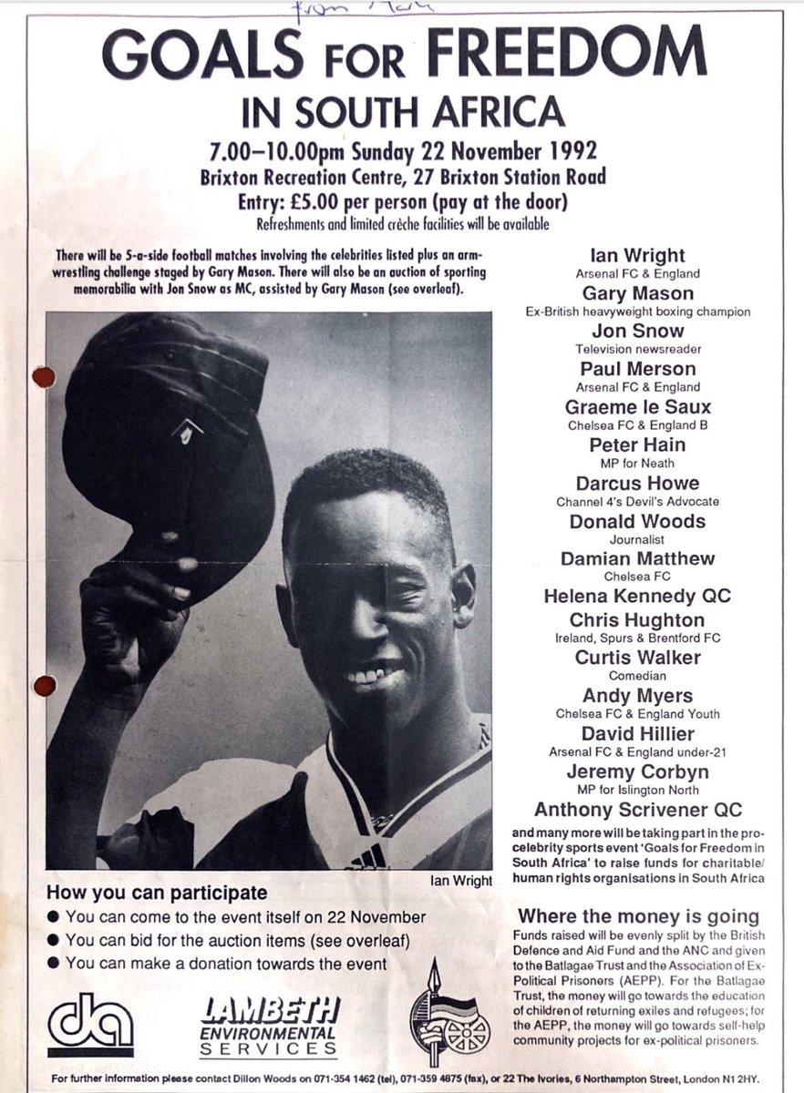 South African Liberation Struggle Stories (@sastrugglestory) on Twitter photo 1992: Arsenal’s <a href="/IanWright0/">Ian Wright</a> plays for an ANC team in London during an exhibition match to raise funds for the education of children of returning exiles. Also in the team were <a href="/jeremycorbyn/">Jeremy Corbyn</a> anti-apartheid activist/Labour Party leader & Pretoria born <a href="/PeterHain/">Peter Hain</a> <a href="/PetersWonderboy/">Wonder Peters</a> 1992: Arsenal’s <a href="/IanWright0/">Ian Wright</a> plays for an ANC team in London during an exhibition match to raise funds for the education of children of returning exiles. Also in the team were <a href="/jeremycorbyn/">Jeremy Corbyn</a> anti-apartheid activist/Labour Party leader & Pretoria born <a href="/PeterHain/">Peter Hain</a> <a href="/PetersWonderboy/">Wonder Peters</a>