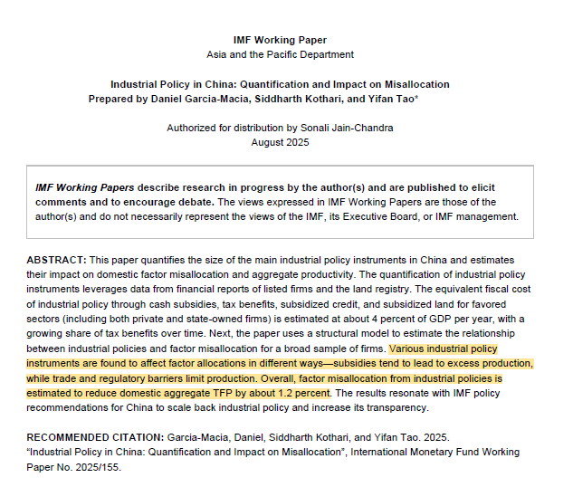 scottlincicome's tweet photo. New IMF working paper calculates that resource misallocation caused by Chinese industrial policy reduced national total factor productivity by 1.2 percent (which could in turn reduce GDP by 2 percent) https://t.co/oO7Fyvhuwn https://t.co/f9K0I0GppC