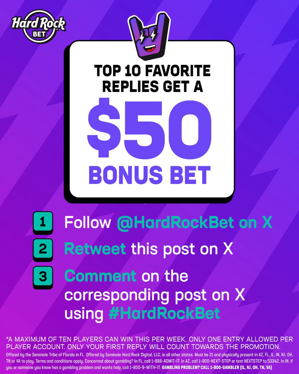 WIN A $50 BONUS BET!     

1. Follow us   
2. Retweet   
3. COMMENT AND USE #HardRockBet   
4. Admin picks their favorite 10