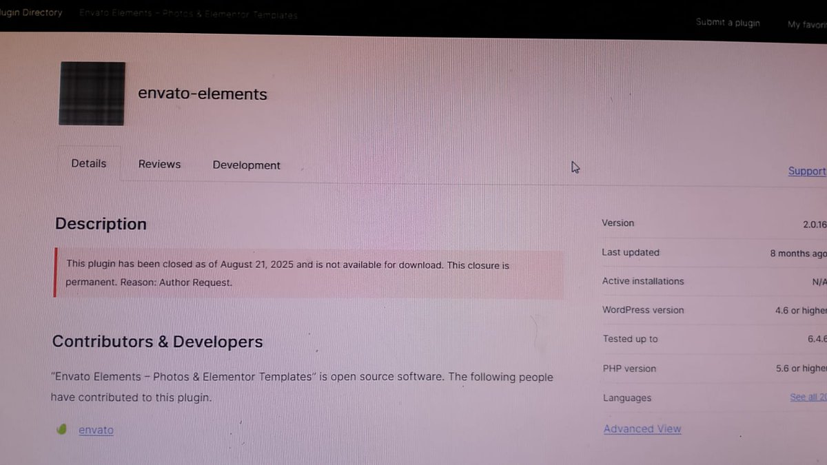 *Important Notice for WordPress Users*

The *Envato Elements – Photos &amp; Elementor Templates* plugin has been officially discontinued as of August 21, 2025, and is no longer available for download.

This closure is permanent and was made at the request of the author.