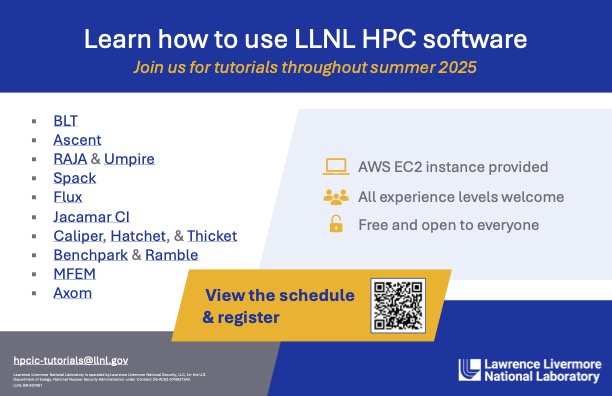Lawrence Livermore National Laboratory (@livermore_lab) on Twitter photo Interested in #HPC? <a href="/LLNL_OpenSource/">LLNL_OpenSource</a> is offering free tutorials open to all experience levels on #LLNL HPC software from July 15 to September 16. Follow along in real time on your own AWS EC2 instance. Register today: livermorelab.info/4lFcBpB Interested in #HPC? <a href="/LLNL_OpenSource/">LLNL_OpenSource</a> is offering free tutorials open to all experience levels on #LLNL HPC software from July 15 to September 16. Follow along in real time on your own AWS EC2 instance. Register today: livermorelab.info/4lFcBpB