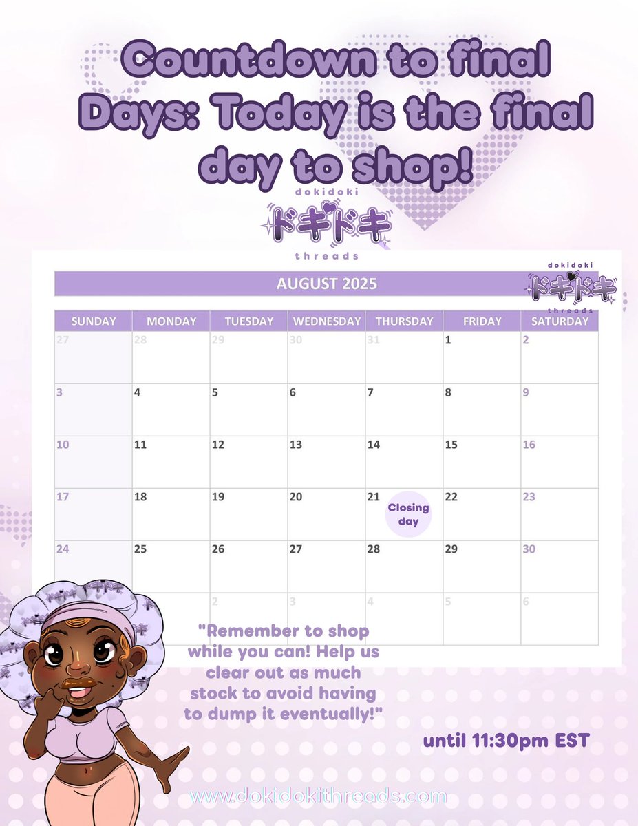 Today's the day 😭🥹
We close our doors tonight at 11:59pm EST. 

You guys have until then to shop the last of our items 💜

Thank you so much for all your support
~Bri xoxo
