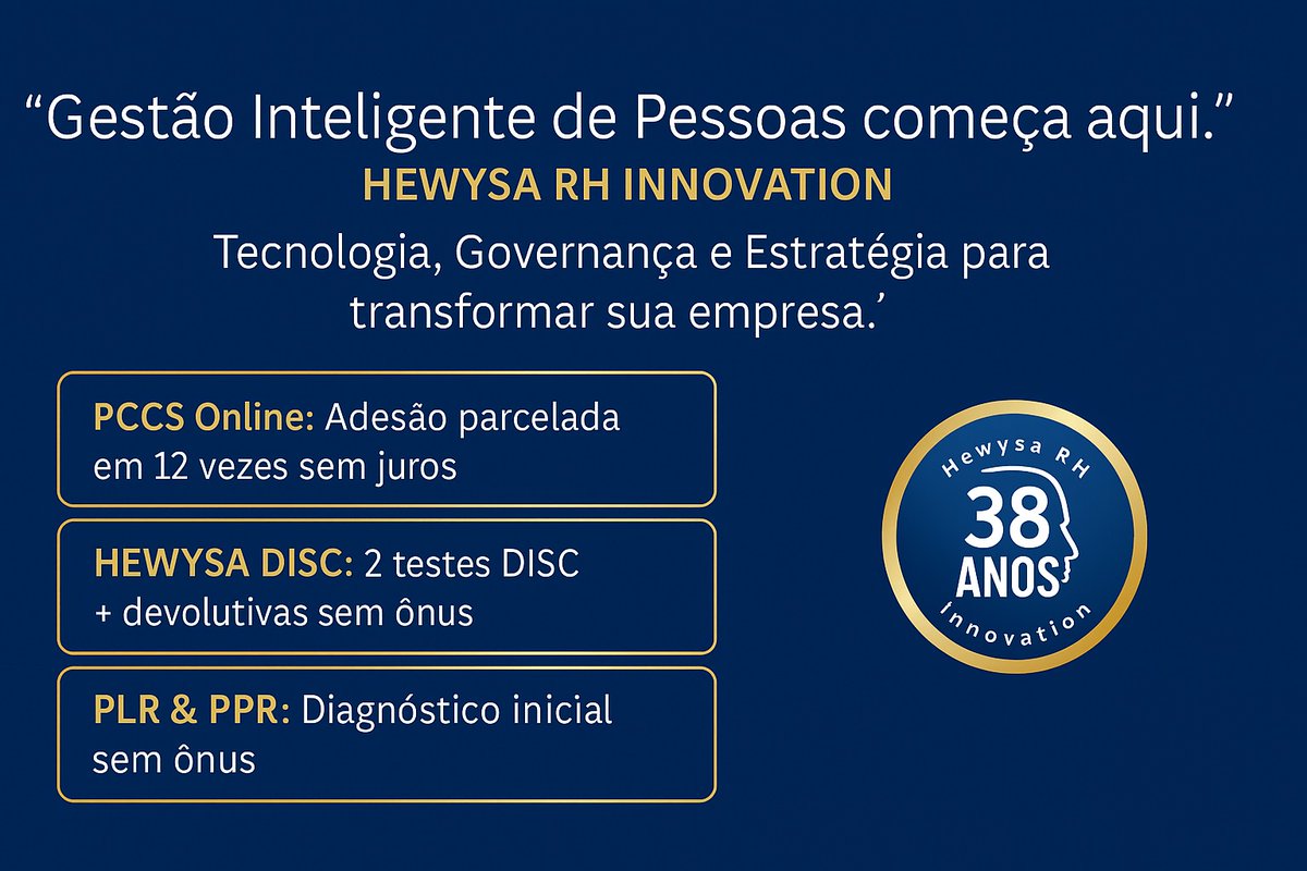 isaldacg's tweet photo. “Gestão Inteligente começa na HEWYSA
“Tecnologia, Governança e Estratégia para transformar sua empresa.”

PCCS Online: Adesão parcelada em 12 vezes sem juros

HEWYSA DISC: 2 testes DISC + devolutivas sem ônus

PLR &amp; PPR: Diagnóstico inicial sem ônus

T&amp;D Liderança: Sob medida https://t.co/RqzxanQqBI
