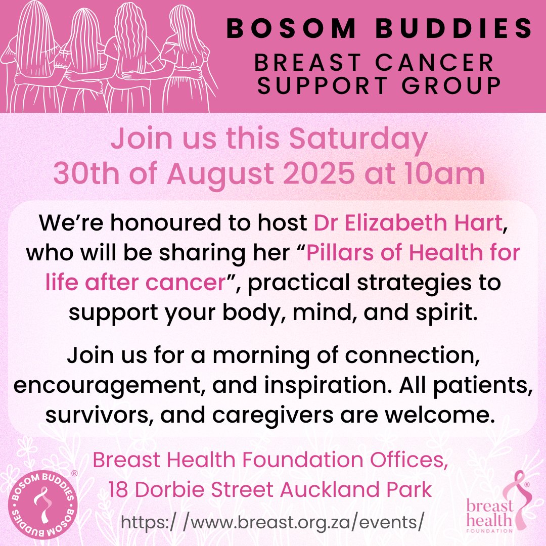 BreastBhf's tweet image. Our next Bosom Buddies Support Group takes place this Saturday, 30 August at 10:00 AM.

Register Here: mybreast.org.za/product/bosom-…

#BosomBuddies #BreastCancerAwareness #SupportAndStrength