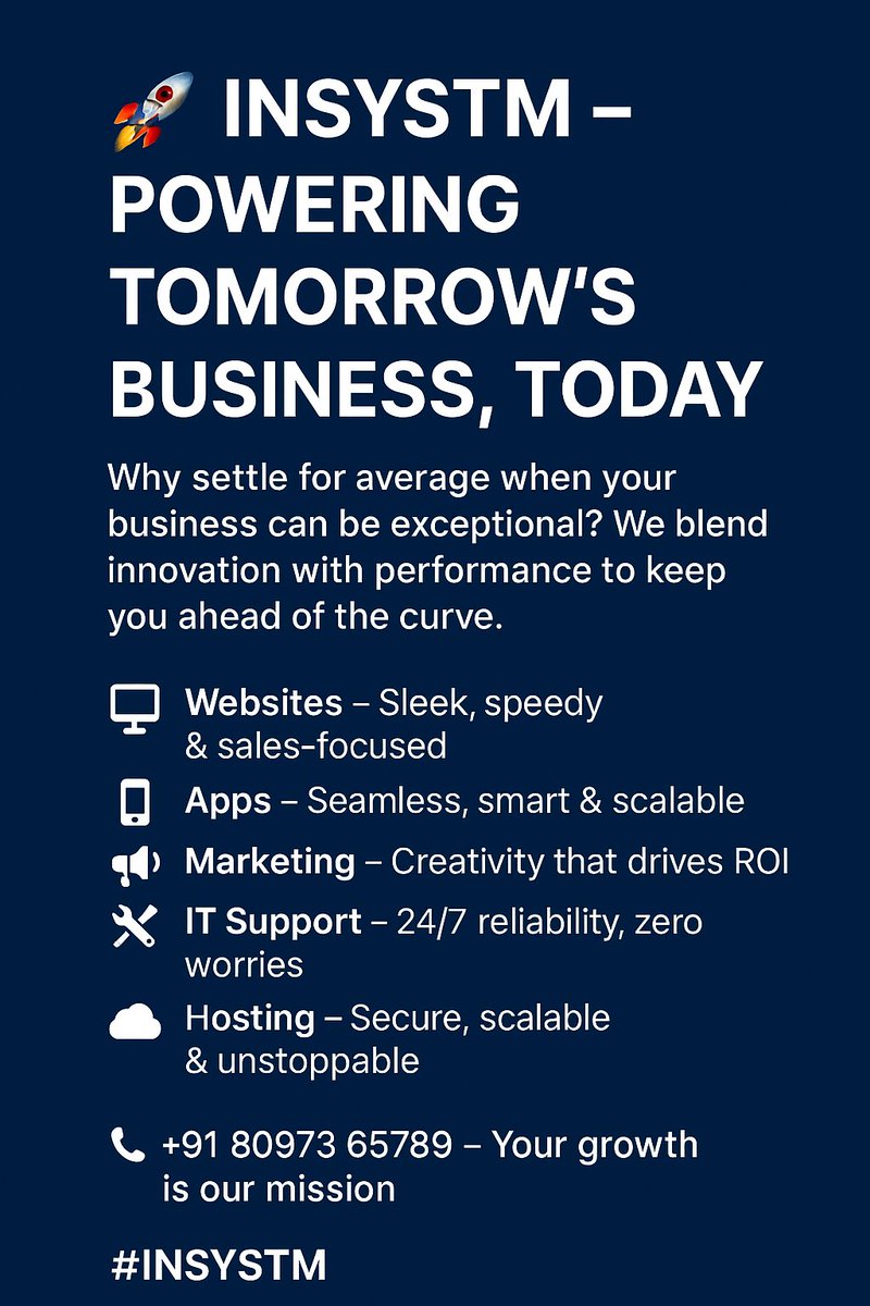 online_insystm's tweet image. ✨ INSYSTM – Innovation That Works for You.
💻 Websites – Fast &amp;amp; future-ready
📱 Apps – Scalable &amp;amp; seamless
📣 Marketing – Creative + ROI
🛠️ IT Support – Always reliable
☁️ Hosting – Secure &amp;amp; stress-free
📞 +91 80973 65789
#INSYSTM #SmartSolutions