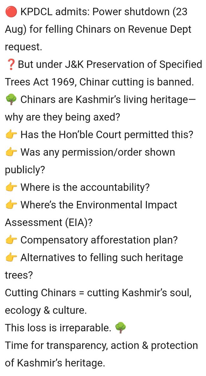 KPDCL admits: Power shutdown (23 Aug) for felling Chinars on Revenue Dept request❓Under J&amp;K Preservation of Specified Trees Act 1969,Chinar cutting is banned. 👉  Who’s accountable for this ecological &amp; cultural loss?
<a href="/UNEP/">UN Environment Programme</a> <a href="/environment/">Bloomberg Law: Environment</a> 
<a href="/diprjk/">Information & PR, J&K</a> 
Click👇
m.facebook.com/story.php?stor…