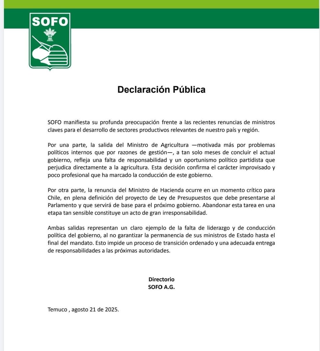 Manifestamos nuestra preocupación por las recientes renuncias de los ministros de Agricultura y Hacienda <a href="/MinagriCL/">Ministerio de Agricultura de Chile 🇨🇱</a> <a href="/min_interior/">Ministerio del Interior</a>
Esto confirma una vez más  la improvisación del actual gobierno de <a href="/GabrielBoric/">Gabriel Boric Font</a>