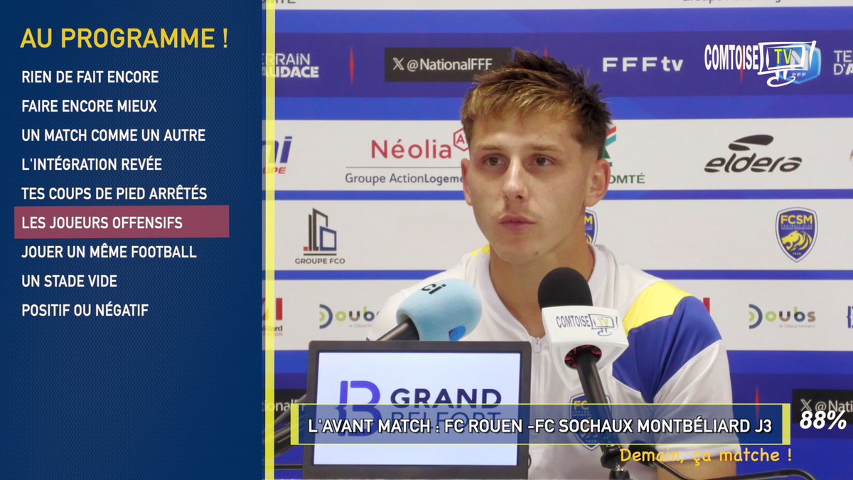 DEMAIN,ÇA MATCHE ! N° 3  <a href="/webtvNC/">COMTOISE TV</a>  🟦🟨
Très long déplacement pour les Sochaliens qui ont pris la direction de la Normandie pour aller affronter  le FC Rouen 1899.
Retrouvez les impressions d'avant match de l'entraineur V Hognon et de l'attaquant B Gomel
youtu.be/9x0ri-m9UdY?si…