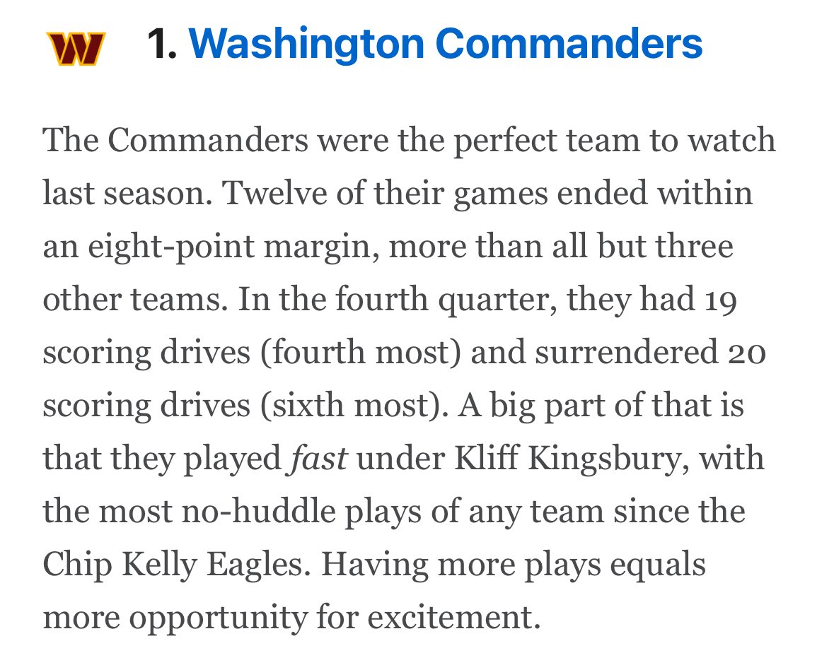 BillyTinkle's tweet photo. According to ESPN, the Washington Commanders are #1 in watchability in the entirety of the NFL! https://t.co/t8AVUaksie