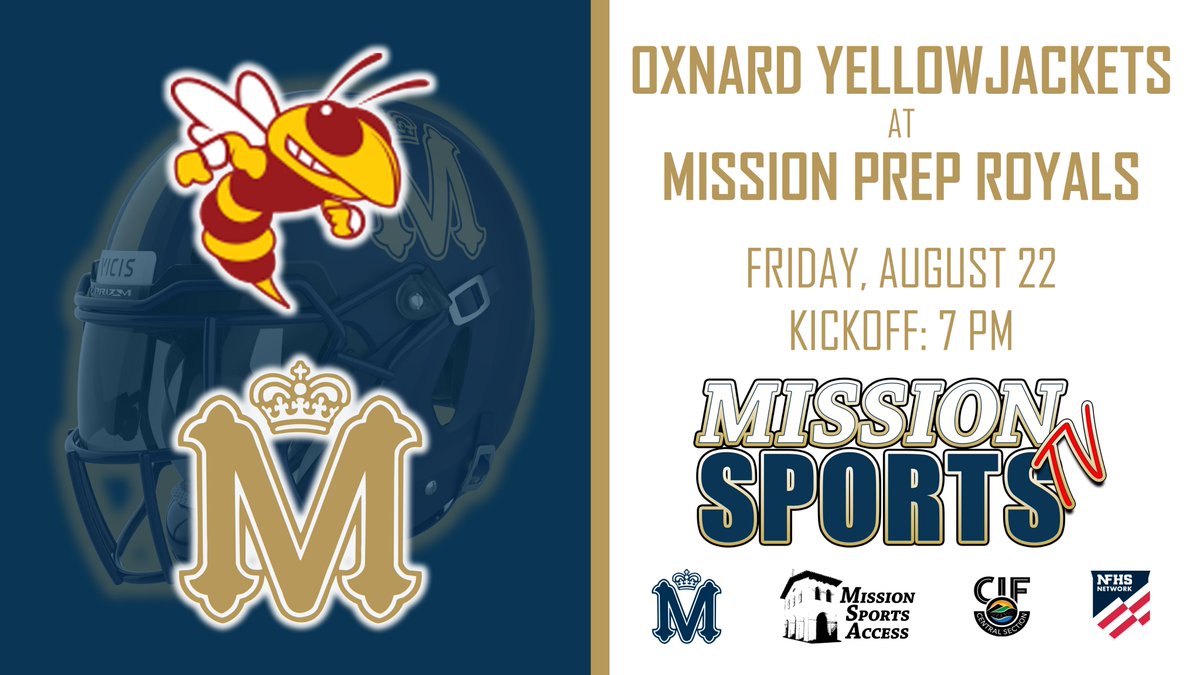 #MissionSportsTV: #HighSchool 
#football kicks off on Friday across the #California. 

<a href="/MCPFootball/">Mission Prep Football</a> host the <a href="/OxnardAthletics/">Oxnard Athletics</a> live on <a href="/missionsportstv/">Mission Sports TV</a>.

🆚Oxnard Yellowjackets at Mission Prep Royals
🗓️Friday, Aug. 22
⏰Pregame: 6:40 | Kickoff: 7 pm
📺youtube.com/live/0U5wZBGHn…