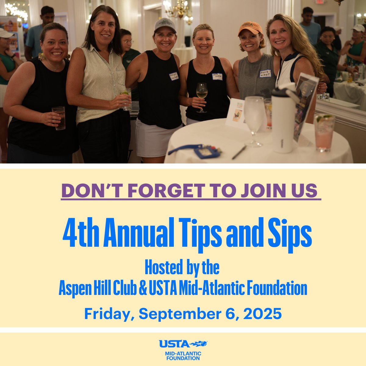 ⏰ The 4th Annual Tips &amp; Sips is coming up soon!
 
Tennis, good company, refreshing drinks, and the US Open on screen 👀 Don’t miss this perfect night out at the Aspen Hill Club 🎾🍹

Save your spot: vist.ly/4468i