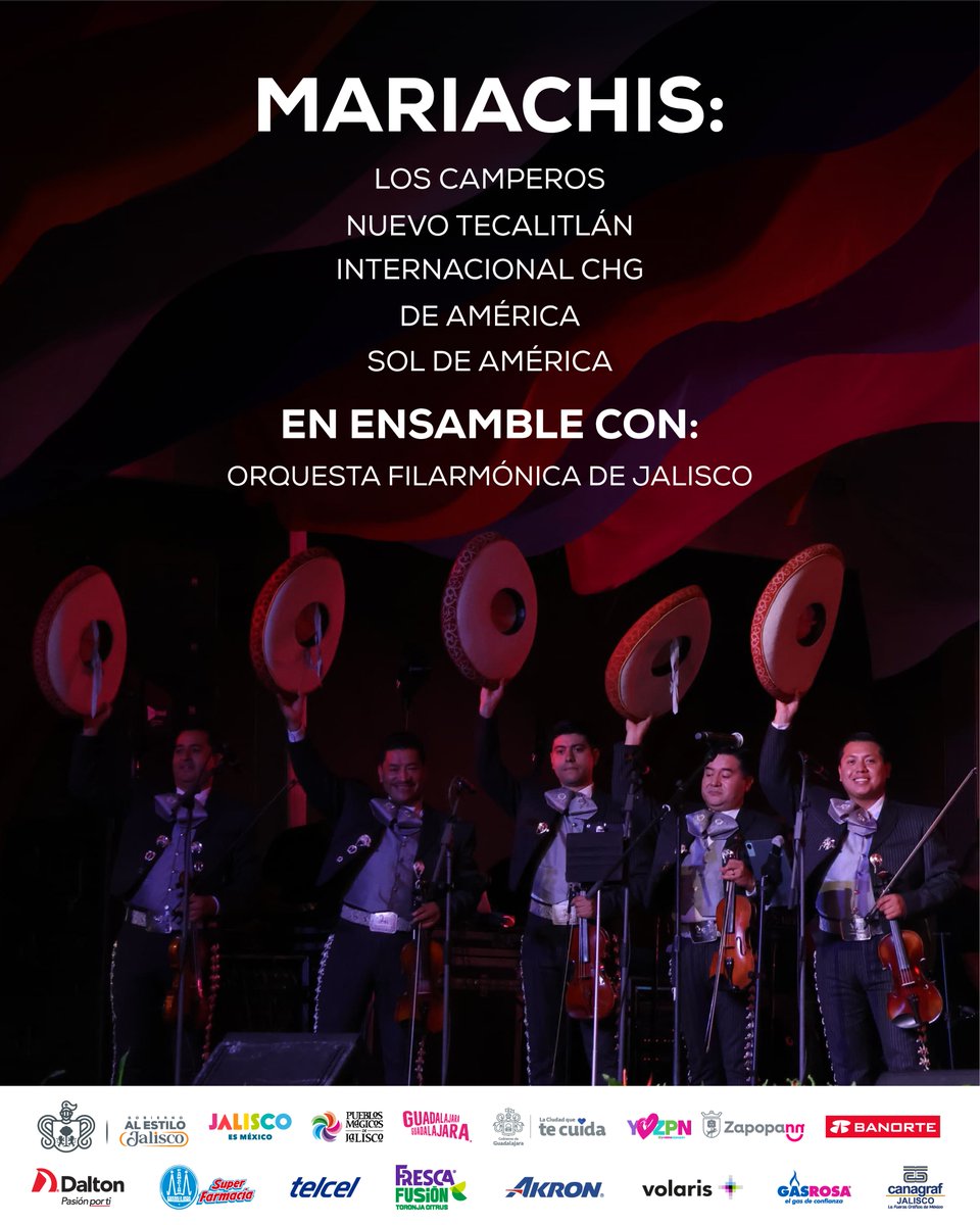 Este 31 de agosto, 18:00 hrs vive la Gala Pública en Paseo Fray Antonio Alcalde.

Mariachis + Orquesta Filarmónica de Jalisco = una noche de orgullo y tradición 🇲🇽🎺
