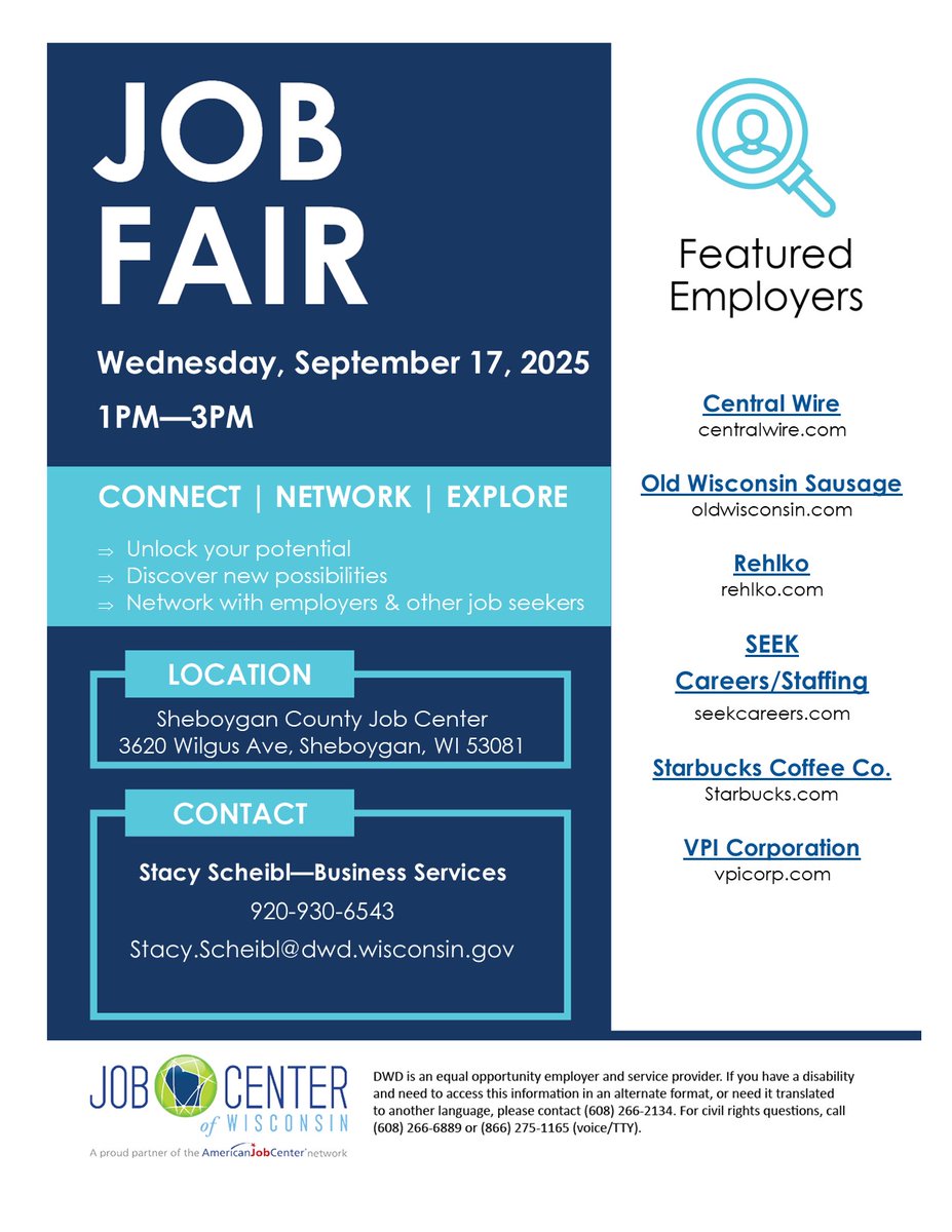 ShebJobCenter's tweet image. Looking forward to seeing you at the Sheboygan Job Center on September 9 at 1pm.