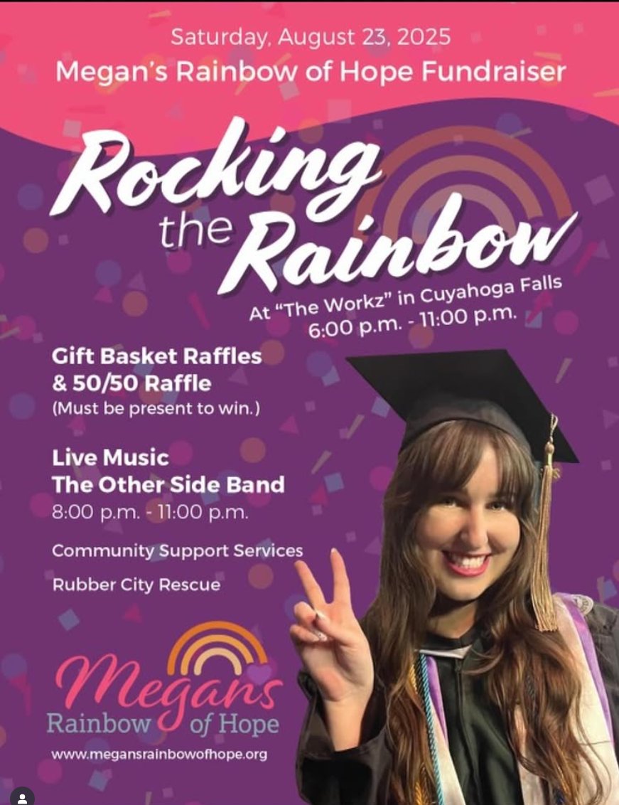 cssbh's tweet image. Join us at “Rocking the Rainbow” at The Workz in Cuyahoga Falls Sat. 8/23 from 6-11 p.m. Enjoy a 50/50 raffle, games, raffle baskets, food, prizes &amp;amp; live music. Join us in honoring the legacy of Megan Keleman &amp;amp; supporting local students. megansrainbowofhope.org