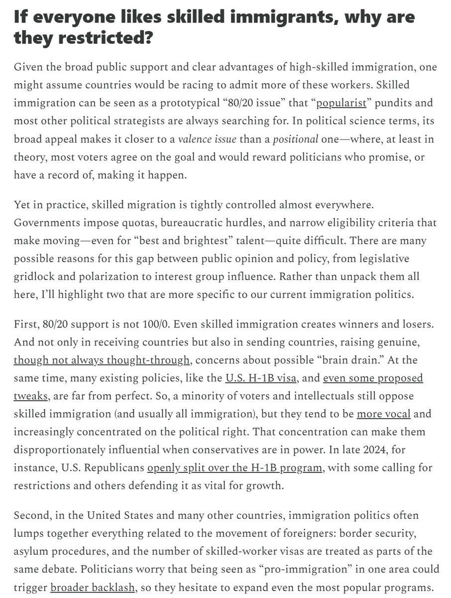 Some folks have asked: if voters across the spectrum support skilled immigration, why isn't it happening? 

My new piece unpacks the possible answers, and what it all means for making other immigration popular.