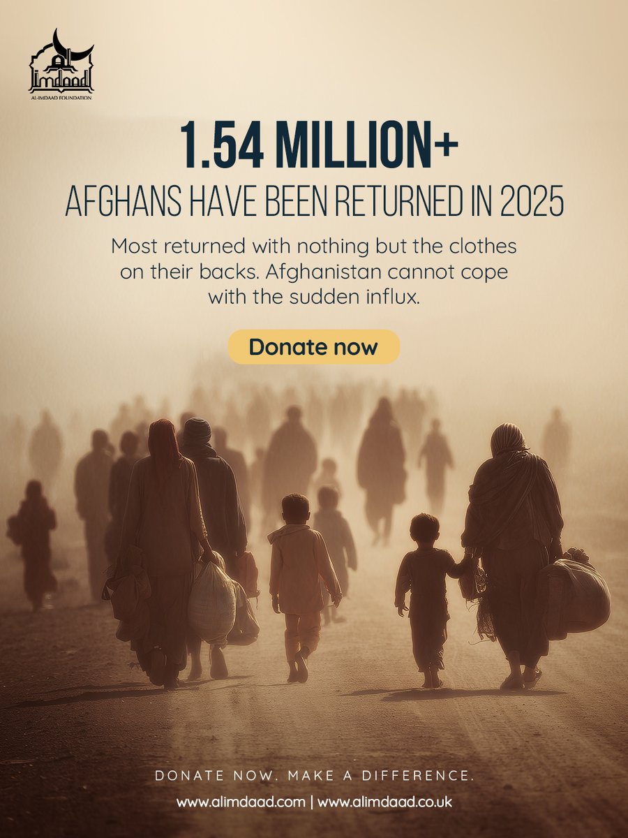 In 2025, over 1.54M Afghans have been forced to return with nothing but the clothes on their backs. Families face hunger, displacement &amp; despair. Your support can be their lifeline.
Donate today: alimdaad.co.uk/project/137

#AfghanistanRelief #AfghanRefugees #AlImdaad