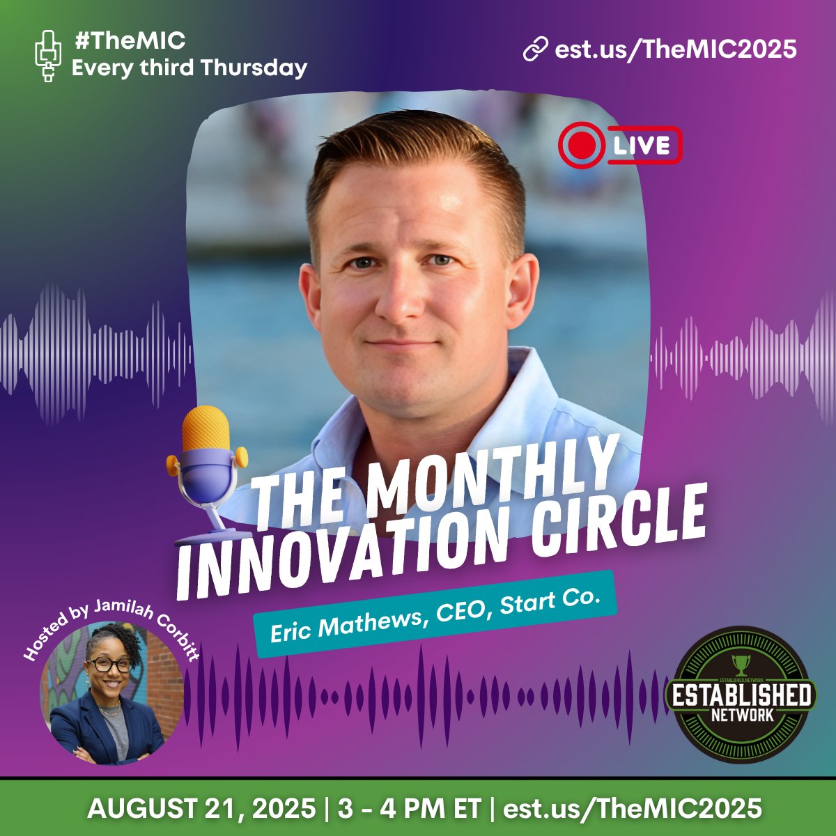 ECMathews's tweet photo. I'll be going live with @FrankGruber in about 30 minutes as the featured speaker of the Monthly Innovation Circle (aka #TheMIC) hosted by the @establishedus Network!
#TheMIC brings together founders, investors, and ecosystem champions for real conversations about innovation, collaboration, and what it takes to grow.
Register here to join us:
https://t.co/y1JJiQkKwq