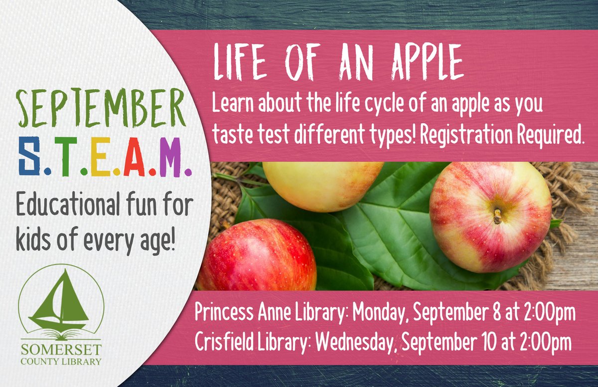 SomersetCounty1's tweet image. 💥 Discover how an apple grows, For kids of all ages, registration required, call or stop by to sign up. ⚙️
Crisfield Library: 410-968-0955
Princess Anne: 410-651-0852
#stem #librarystem