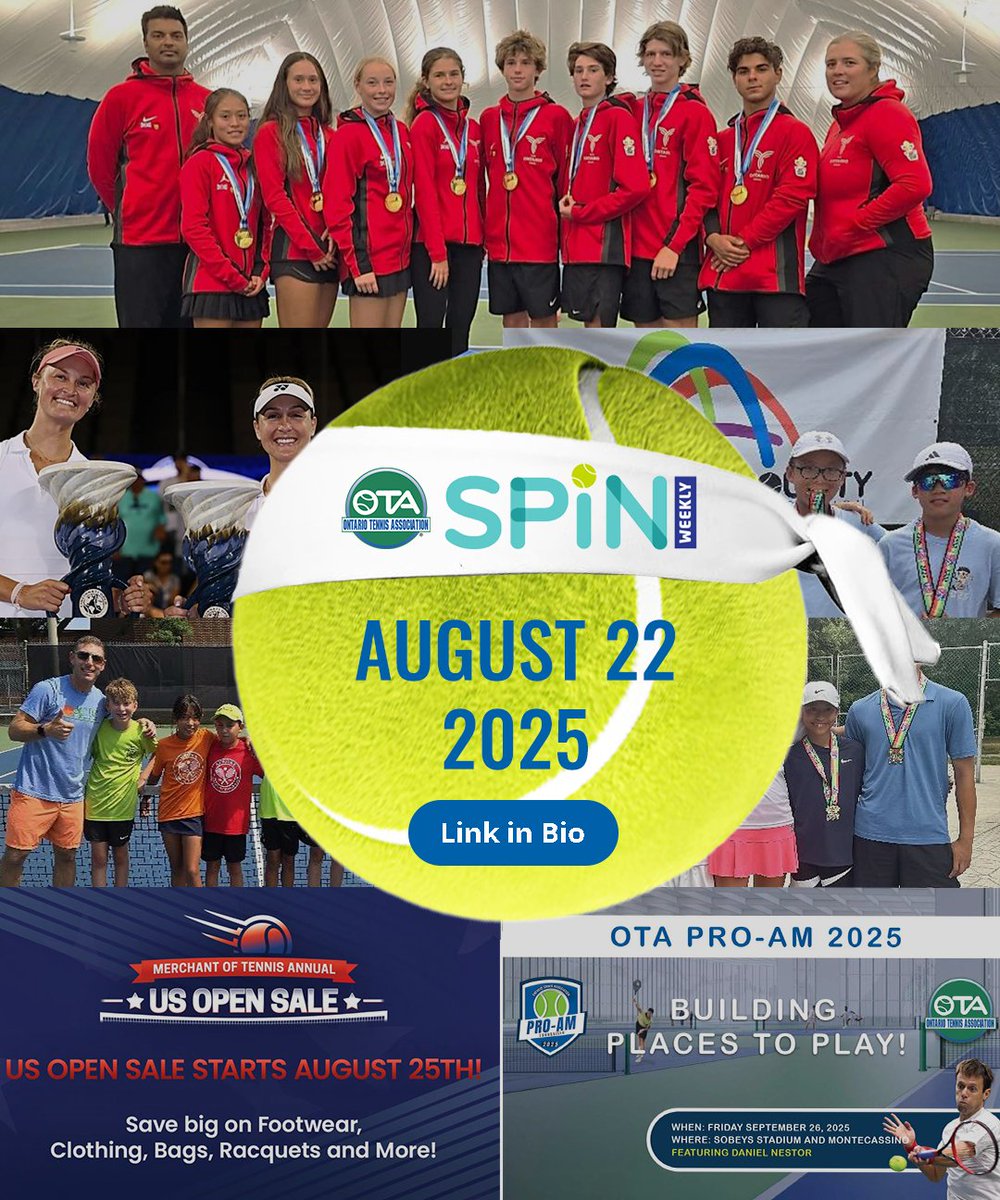 TennisOntario's tweet photo. Golden week for Ontario tennis!🎾
📰 Want all the details? Dive into this week’s SPIN Newsletter!
📅 August 22, 2025
🔗 https://t.co/LEtucrLMG6
#GetOntheCourt #TennisOntario #TennisCanada #OTA #SPINNewsletter #SPIN #canadasummergames #ProAm #OTAproAm #TennisRocks https://t.co/oaccNuHc0S