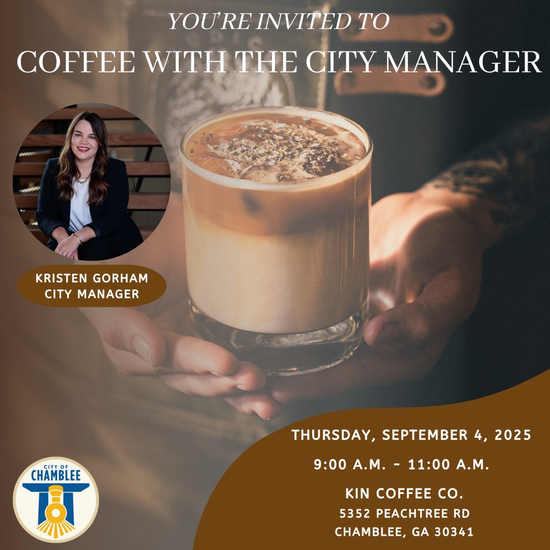 ☕Join City Manager Kristen Gorham for conversation and coffee! 

📆 Thursday, September 4, 2025
⏰9:00 a.m.- 11:00 a.m.
📍 Kin Coffee Co.