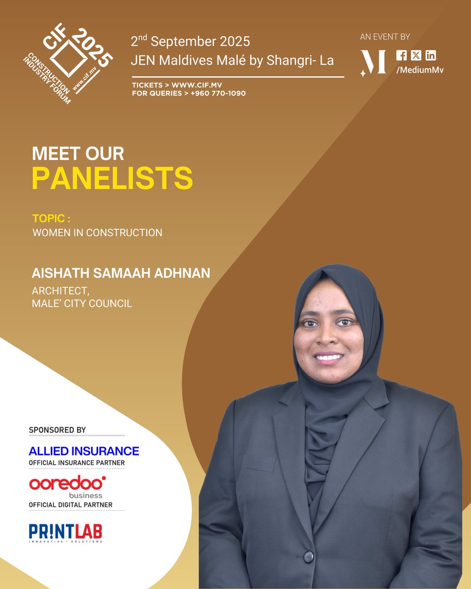 Construction Industry Forum - CIF (@cifmaldives) on Twitter photo Introducing our Panelists for the
Construction Industry Forum 2025 :
- Ms Aishath Samaah Adhnan, Architect, Male' City Council. <a href="/MaleCitymv/">Malé City Council</a>
Topic: Women in Construction
#construction #industry #forum Introducing our Panelists for the
Construction Industry Forum 2025 :
- Ms Aishath Samaah Adhnan, Architect, Male' City Council. <a href="/MaleCitymv/">Malé City Council</a>
Topic: Women in Construction
#construction #industry #forum