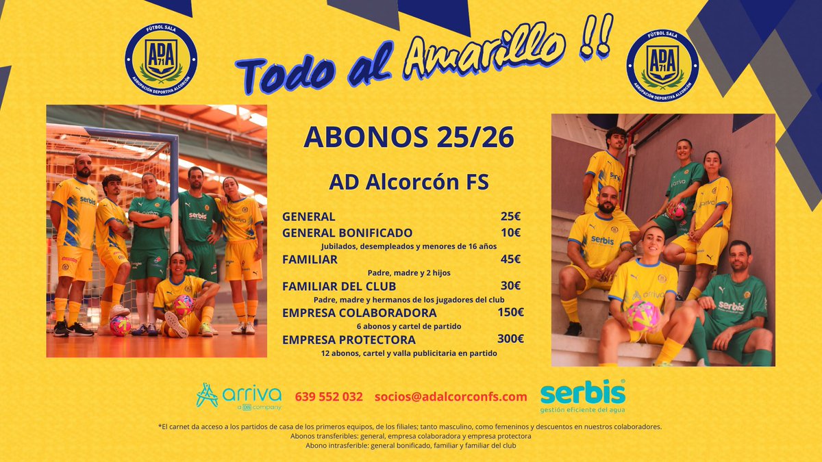 | CAMPAÑA ABONOS 25/26 | 

Esta temporada TODO AL AMARILLO !!

Hazte socio de la #FamiliaAmarilla para disfrutar de más de 60 partidos de los equipos nacionales tanto masculinos como femeninos 

Vive la temporada con nosotros… porque este año #TodoalAmarillo 💛💛

#123Alcorcón