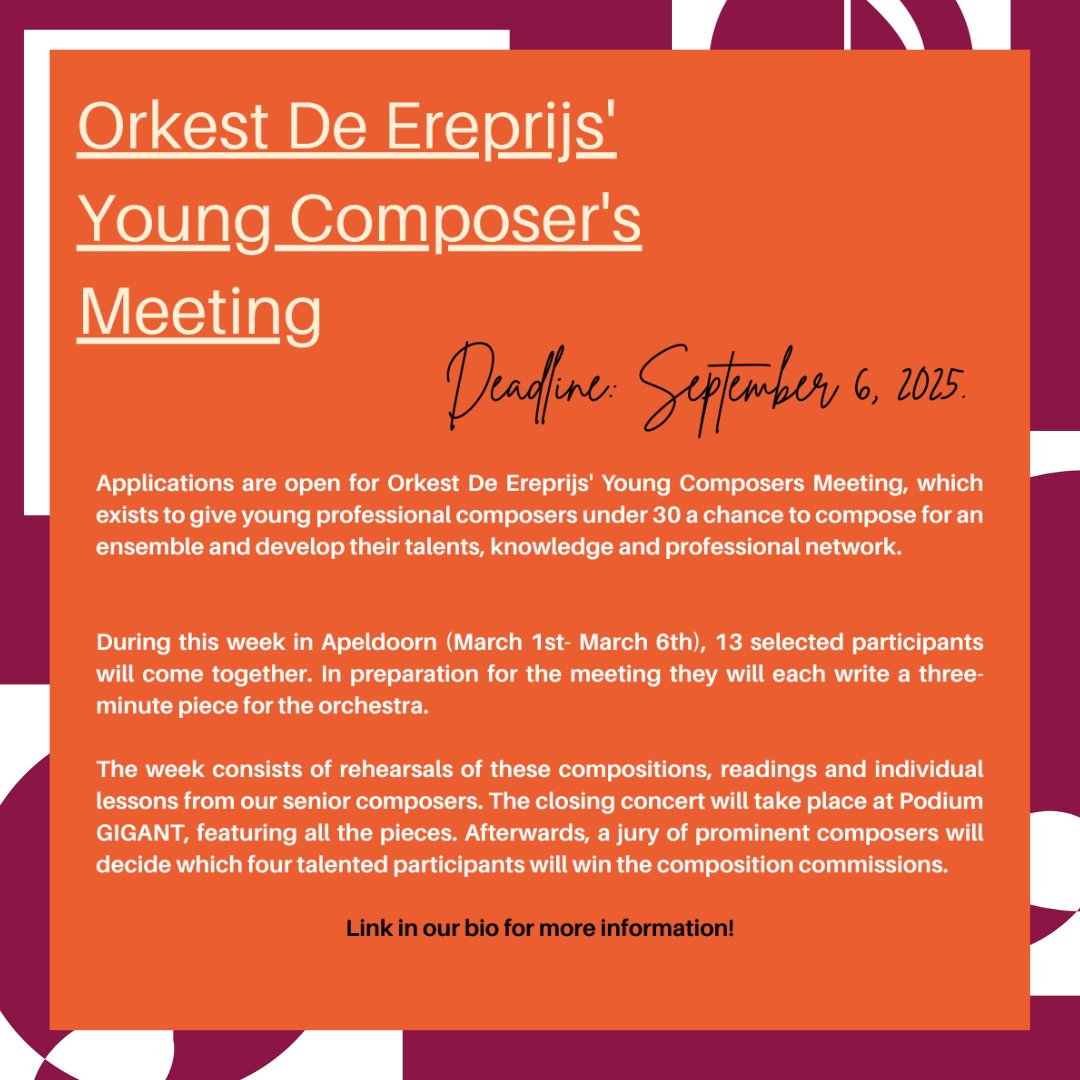 ACWComposers's tweet photo. Applications are open for Orkest De Ereprijs' Young Composers Meeting, which exists to give young professional composers under 30 a chance to compose for an ensemble and develop their talents, knowledge and professional network. https://t.co/ECg099OjyM
