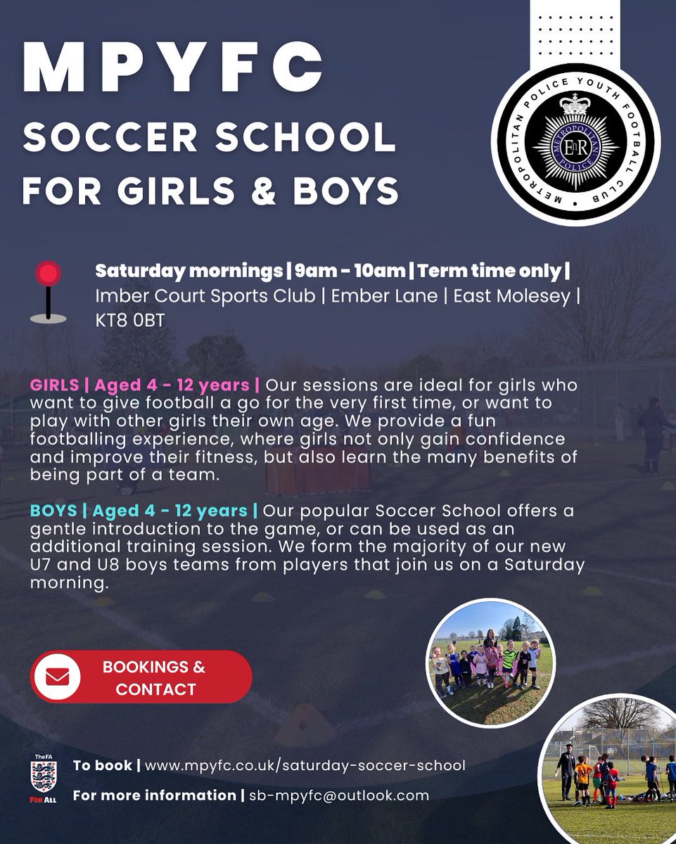 🔹MPYFC Saturday Soccer School🔹
__

Returns Saturday 13th September❗️
__

9am - 10am, Saturdays, Imber Court📍
__

Book via our website! Link in bio📲