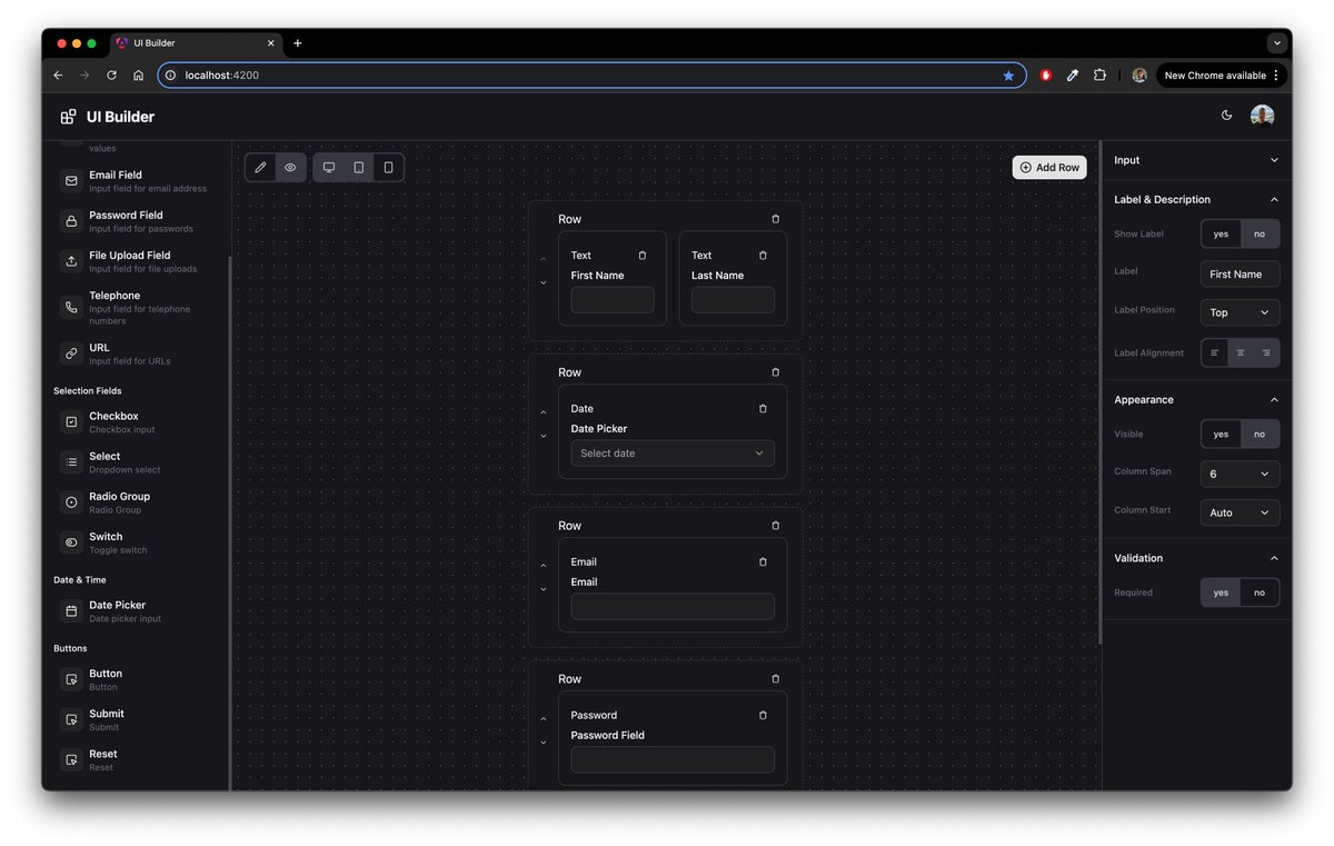 Khumozin's tweet image. UI Builder, built with @angular  and SpartanNG(@goetzrobin) 

Inspired by @zoaibdev

#angular