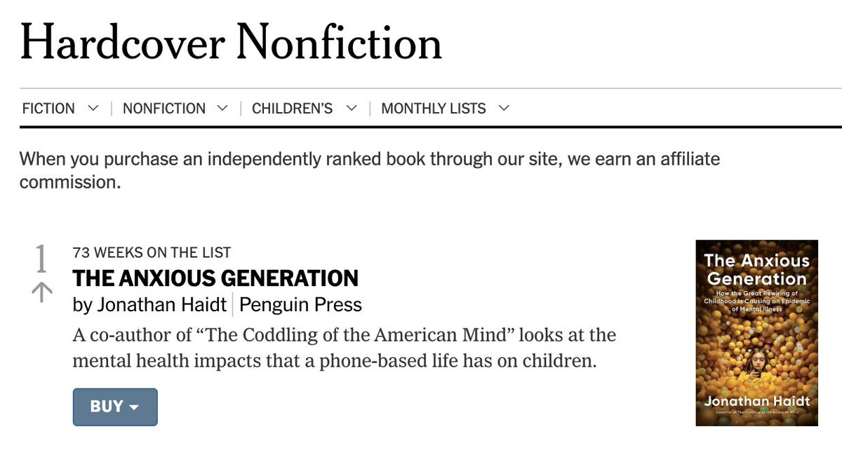 The Anxious Generation is the #1 NYT Bestseller again this week. (That's the 11th time, in its 73 weeks on the list.) 

If you have not yet read it, may I suggest the audiobook? The voice actor Sean Pratt is extraordinary.

nytimes.com/books/best-sel…