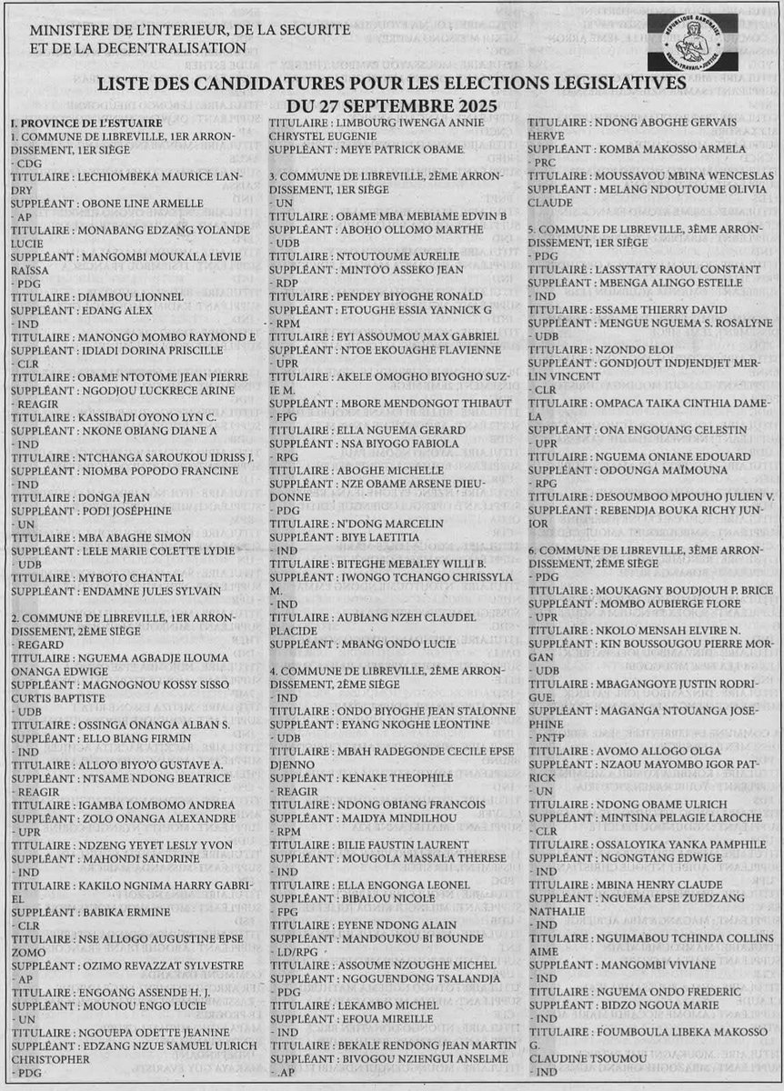 GabonElection23's tweet photo. Liste officielle des prochaines élections législatives de Septembre 2025 en République Gabonaise. https://t.co/j3Uk6lOnLl
