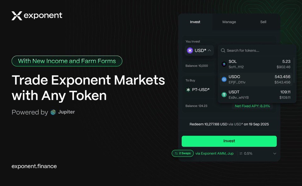 SpeckHeinr77333's tweet photo. Exponent Finance on Solana offers Income Tokens for fixed yields on SOL, USDC, and JLP, locked until maturity. Trade or earn predictable returnsโjoin the DeFi yield revolution! #ExponentFinance #Solana #DeFi https://t.co/DMEznMV5wj
@ExponentFinance https://t.co/qZWIHdWWTi