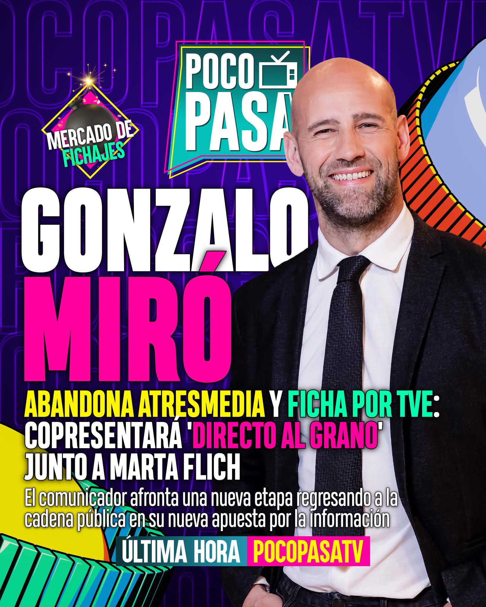 Poco Pasa TV on X: "Gonzalo Miró abandona Atresmedia y ficha por TVE para  copresentar #Directoalgrano junto a Marta Flich 💣💥 🥹 Su incorporación a  la plantilla de presentadores de TVE está