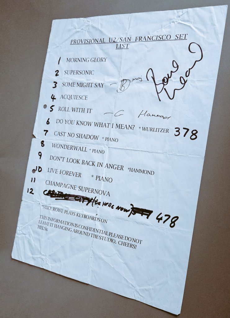 My favourite piece from the 'Be Here Now' era - Provisional set list for their support to U2 in San Francisco , signed by Bonehead ☺️👌.  'Be Here Now' titled 'Capital City' before being changed !!! Do you remember this <a href="/BoneheadsPage/">Paul Arthurs.</a> ?