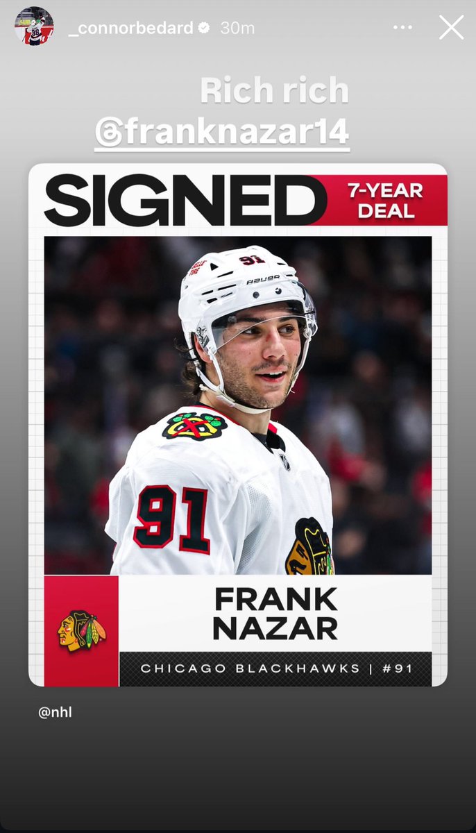 TalkinHawkey's tweet photo. Connor Bedard chiming in on the Frank Nazar extension on Instagram! #Blackhawks #RichRich https://t.co/QCkDocaqHE