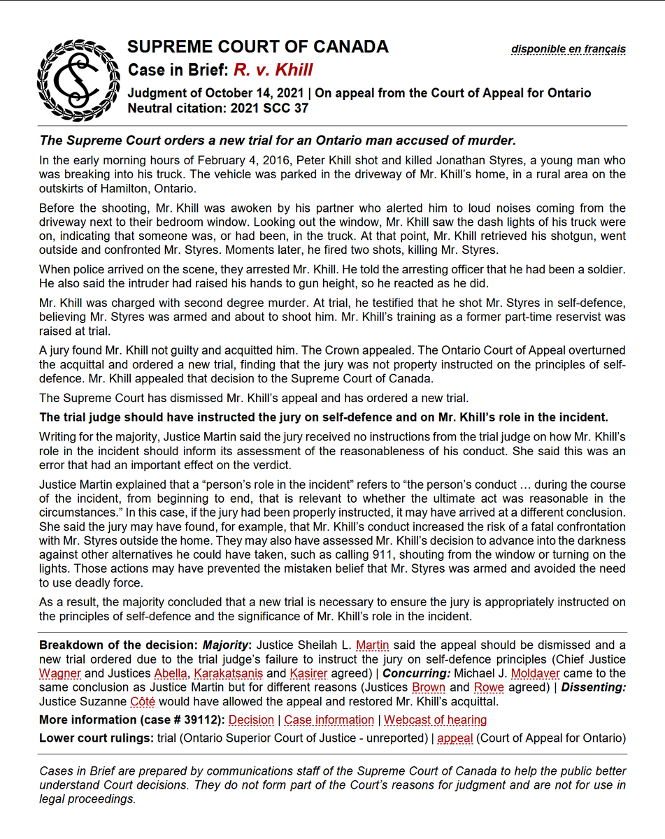 LawScribes's tweet image. The law of #selfdefence: Self defence s34 CCC is a defence to criminal charges under the criminal code of Canada. The leading Supreme Court Canada decision is R v Khill 2021 SCC 37. #criminallaw #justice