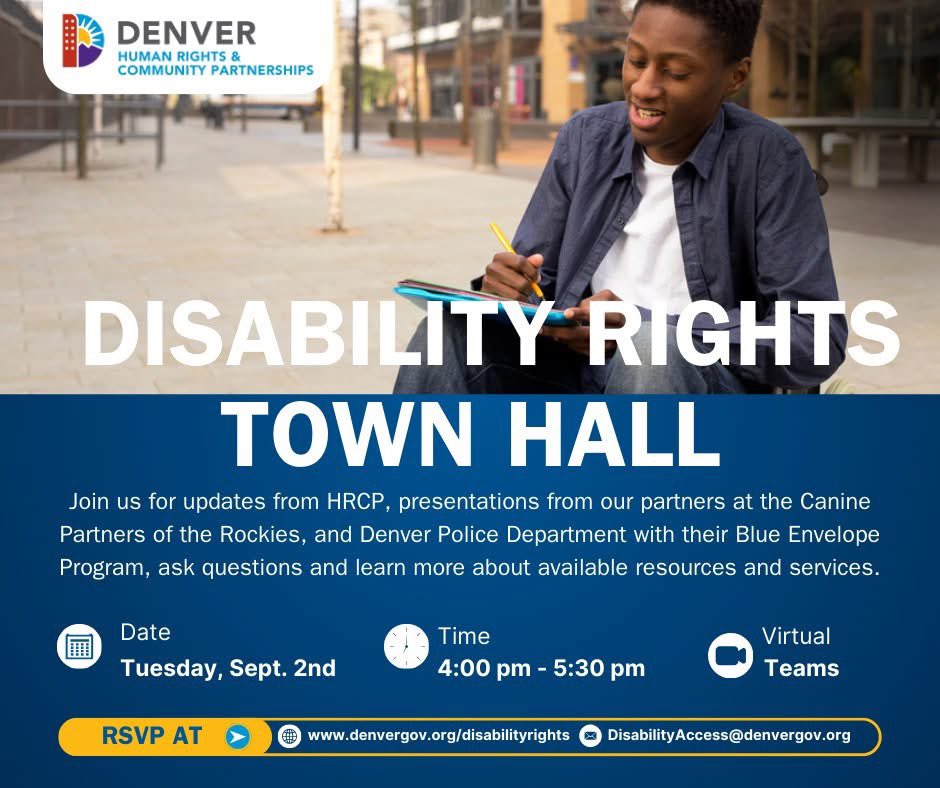 Hear from Canine Partners of the Rockies, and discover how the Denver Police’s Blue Envelope Program helps officers better serve individuals with #disabilities at the upcoming Disability Rights Town Hall! 

📅 Sept. 2nd, 4:00 - 5:30 PM
🛜 Virtual
👆 denvergov.org/disabilityrigh…