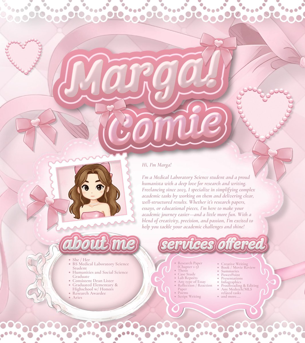 margacomie's tweet image. “𝐷𝑜 𝑤ℎ𝑎𝑡 𝑦𝑜𝑢 𝑙𝑜𝑣𝑒, 𝑎𝑛𝑑 𝑙𝑒𝑡 𝑖𝑡 𝑠ℎ𝑖𝑛𝑒 𝑡ℎ𝑟𝑜𝑢𝑔ℎ 𝑦𝑜𝑢𝑟 𝑤𝑜𝑟𝑘.” ✨

— Hi, I’m 𝑴𝒂𝒓𝒈𝒂 🎀 I’m here to take the stress out of your 𝙖𝙘𝙖𝙙𝙚𝙢𝙞𝙘 𝙩𝙖𝙨𝙠𝙨. Take a glance at my commsheet below to see all the ways I can help, and 𝙡𝙚𝙩’𝙨…