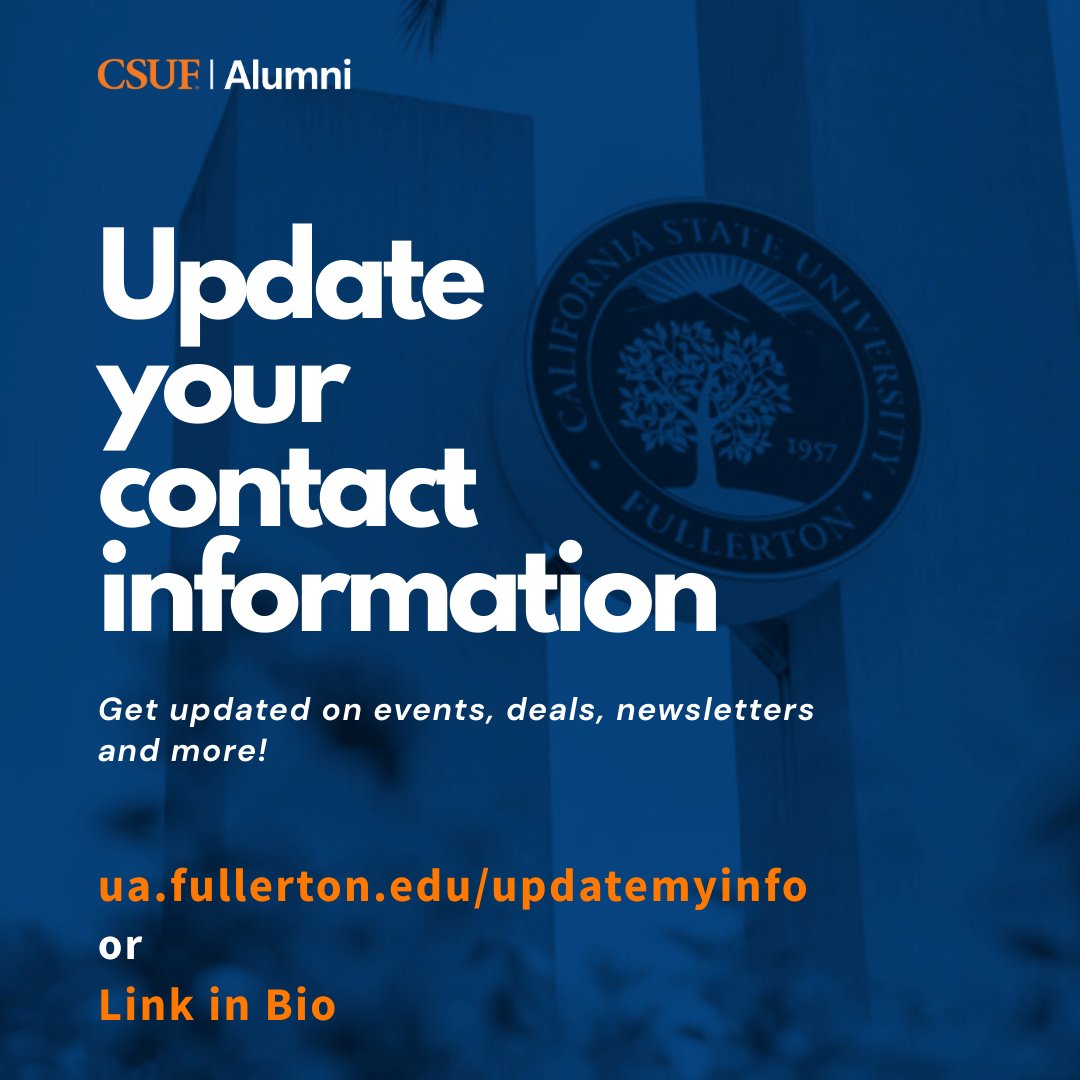 CSUF Alumni (@csufalumni) on Twitter photo Not getting any updates from our office? Be sure to have your contact info updated so that you stay in the loop when we share events, our monthly newsletter, deals and updates! Visit ua.fullerton.edu/updatemyinfo so that you stay connect to <a href="/csufalumni/">CSUF Alumni</a> Not getting any updates from our office? Be sure to have your contact info updated so that you stay in the loop when we share events, our monthly newsletter, deals and updates! Visit ua.fullerton.edu/updatemyinfo so that you stay connect to <a href="/csufalumni/">CSUF Alumni</a>