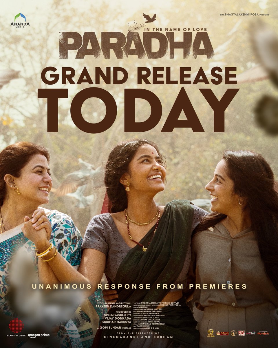 Ananda Media (@anandamediaoffl) on Twitter photo #Paradha is all yours from TODAY ✨🫶
Witness the enchanting journey on the big screen 🕊️💕
🎟️ linktr.ee/ParadhaBookings
<a href="/anupamahere/">Anupama Parameswaran</a> <a href="/darshanarajend/">Darshana Rajendran</a> <a href="/sangithakrish/">sangithakrish</a> <a href="/AnandaMediaOffl/">Paradha</a> <a href="/praveenfilms/">Praveen kandregula</a> <a href="/VijayDonkada/">VIJAY DONKADA</a> <a href="/GopiSundarOffl/">Gopi Sundar</a> <a href="/smayurk/">Rag Mayur (Shyam/Veeru/Lancham/Maridesh Babu)</a> <a href="/Dharmi_edits/">Dharmendra Kakarala</a> <a href="/asiansureshent/">Asian Suresh Entertainment</a> <a href="/PrathyangiraUS/">Prathyangira Cinemas</a> #Paradha is all yours from TODAY ✨🫶
Witness the enchanting journey on the big screen 🕊️💕
🎟️ linktr.ee/ParadhaBookings
<a href="/anupamahere/">Anupama Parameswaran</a> <a href="/darshanarajend/">Darshana Rajendran</a> <a href="/sangithakrish/">sangithakrish</a> <a href="/AnandaMediaOffl/">Paradha</a> <a href="/praveenfilms/">Praveen kandregula</a> <a href="/VijayDonkada/">VIJAY DONKADA</a> <a href="/GopiSundarOffl/">Gopi Sundar</a> <a href="/smayurk/">Rag Mayur (Shyam/Veeru/Lancham/Maridesh Babu)</a> <a href="/Dharmi_edits/">Dharmendra Kakarala</a> <a href="/asiansureshent/">Asian Suresh Entertainment</a> <a href="/PrathyangiraUS/">Prathyangira Cinemas</a>