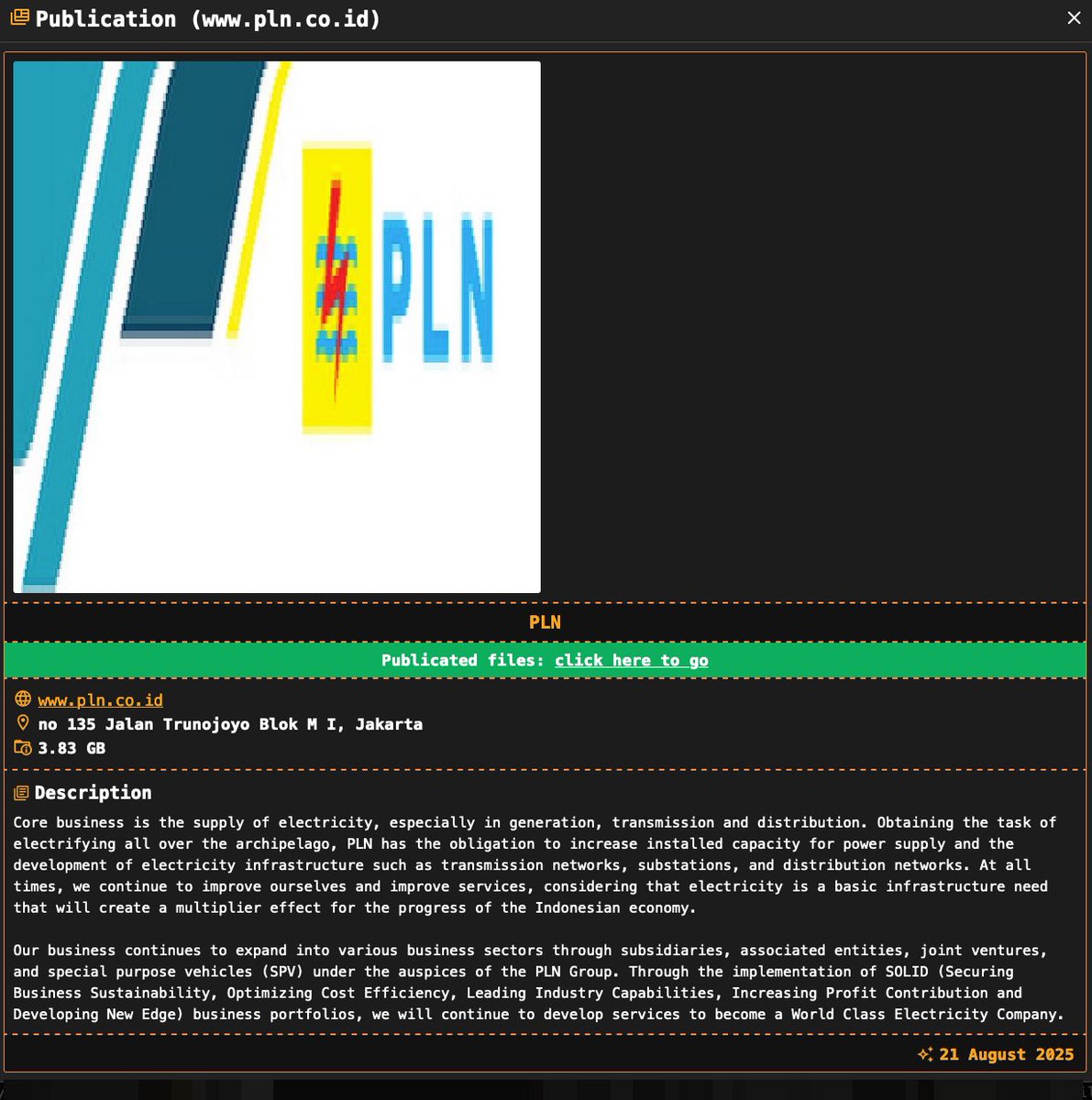 _venarix_'s tweet photo. 2nd #Ransomware #cyberattack of the year for PT PLN (@pln_123 ), the state-owned electricity company of #Indonesia 🇮🇩 (@KemenBUMN), responsible for the generation, transmission, distribution, and retail sale of energy across the country. The #hacker group #DragonForce claims responsibility for the #hack.

Stay informed, monitor cyber threats, and sign up for free on #VenariX 👉 https://t.co/bgVoqcFful

#CyberAttack #Jakarta #infosec #serangansiber #ransomwareattack #CyberSec #electricity