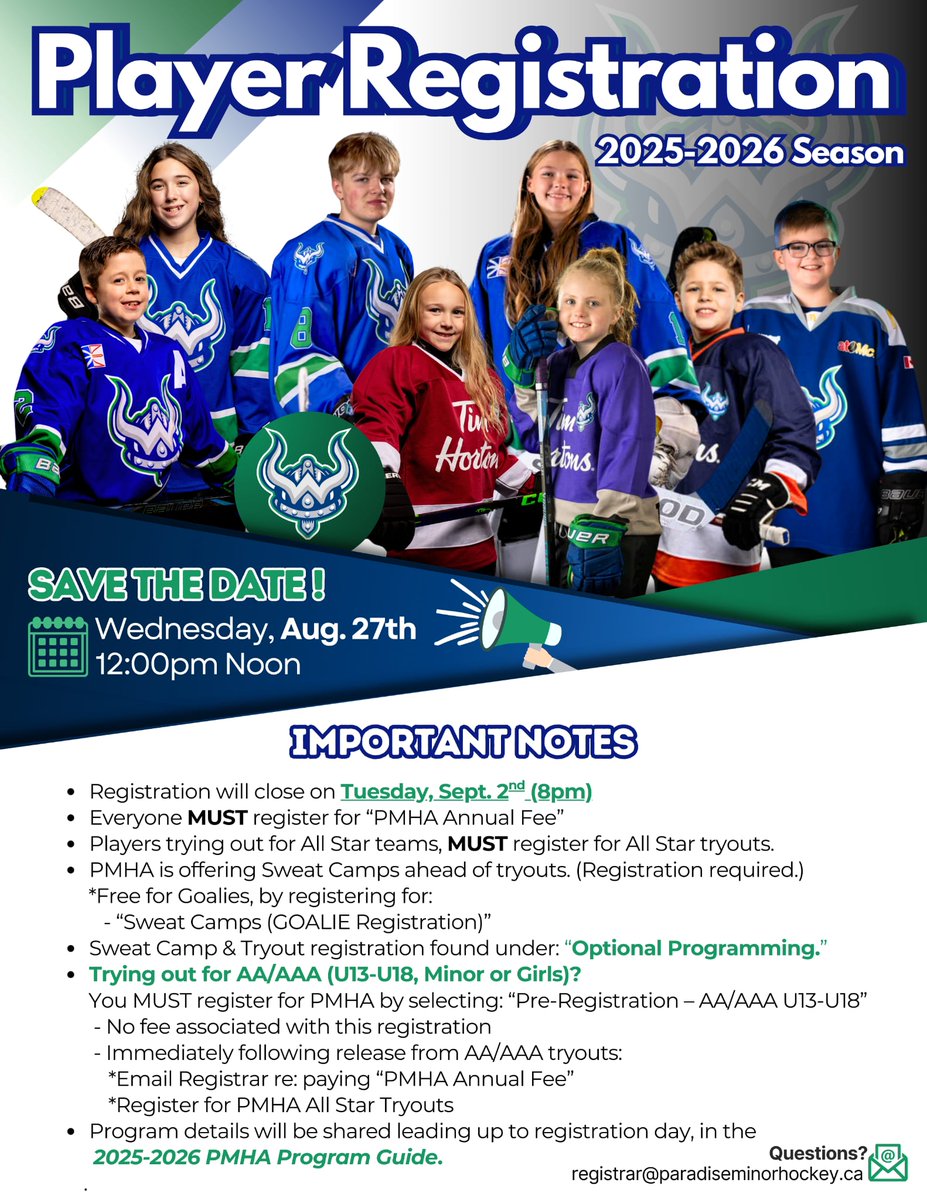 Registration opens Wednesday, August 27 at 12:00 PM (Noon) and closes Tuesday, September 2 at 8:00 PM

Register here - tinyurl.com/2y46b4ye

Our 2025–2026 PMHA Program Guide (with full program details, pricing, etc.) will be released before registration day — stay tuned!