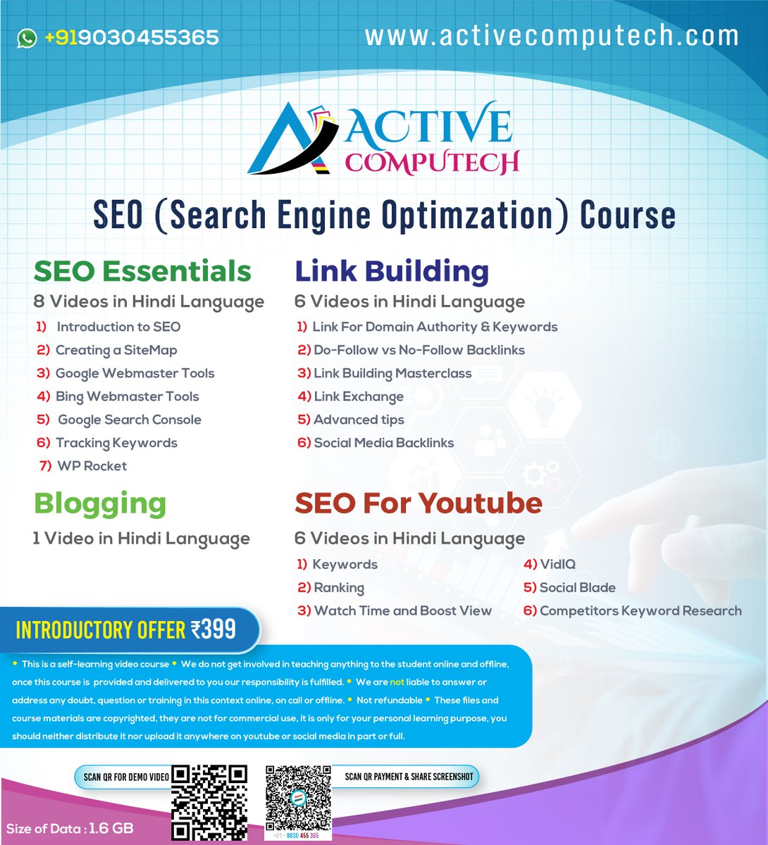 activecomputech's tweet image. 🚀 Learn SEO in Hindi – Self-Paced Training Course
Master the art of Search Engine Optimization with our step-by-step video training program in Hindi.
A) SEO
B) Link Building
C) SEO for YouTube
Demo
tinyurl.com/seo-training-c…
Contact
+919030455365