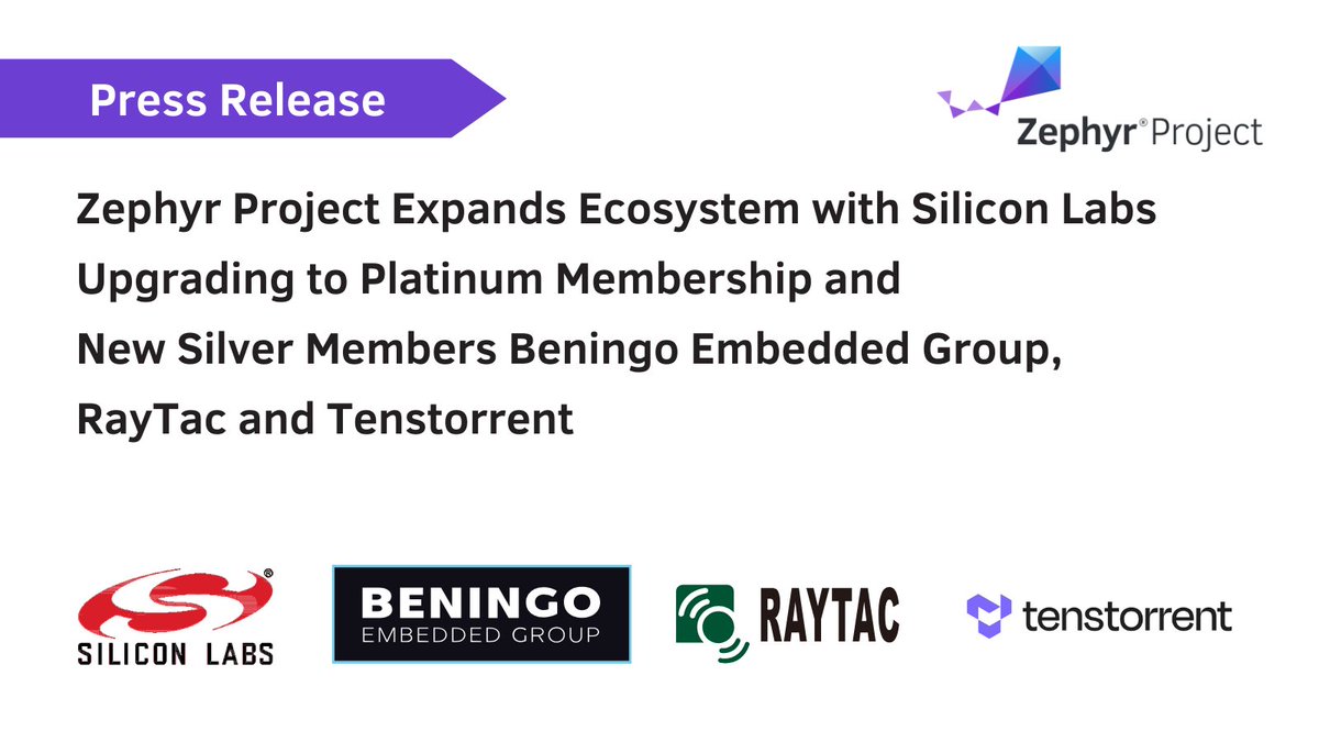 ZephyrIoT's tweet image. Please join us in welcoming @siliconlabs as a new Platinum member & Beningo Embededded Group (@Jacob_Beningo), @RaytacCorp & @tenstorrent to the @ZephyrIoT ecosystem!! Learn more about these members, #ZephyrRTOS 4.2 & more: hubs.la/Q03DW7n60 #OSSummit #ZephyrDeveloperSummit